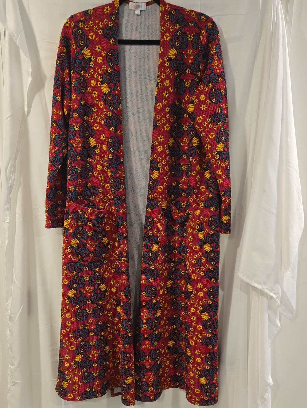 LuLaRoe Red Yellow Navy Floral Paisley Long Open Cardigan